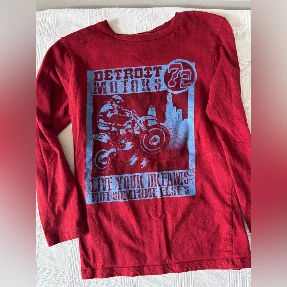 Falls Creek Red Long Sleeve Tee with Blue Detroit Motors Graphic